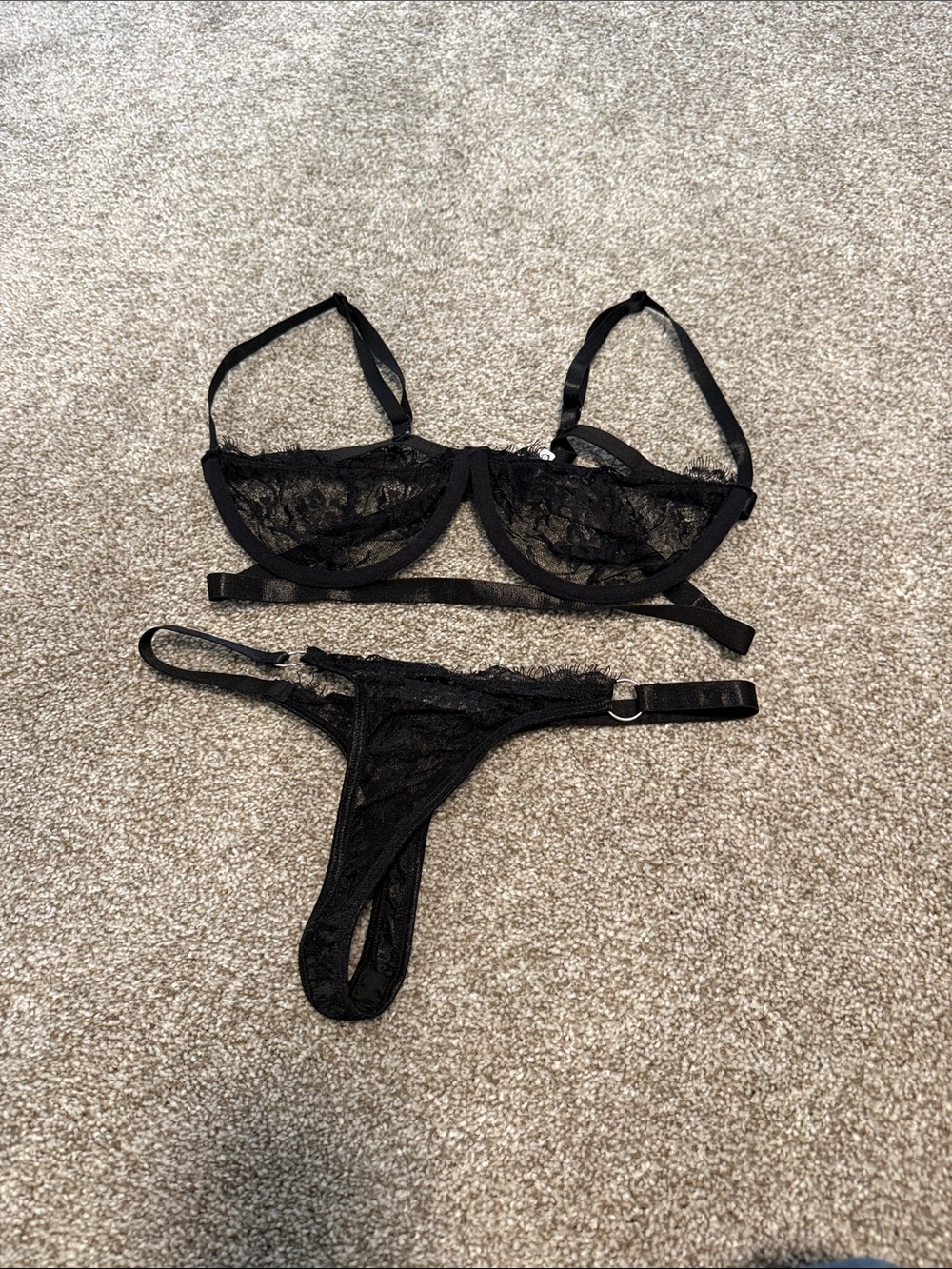 Black Lace Sheer Bra and Thong Set - Women Intimates